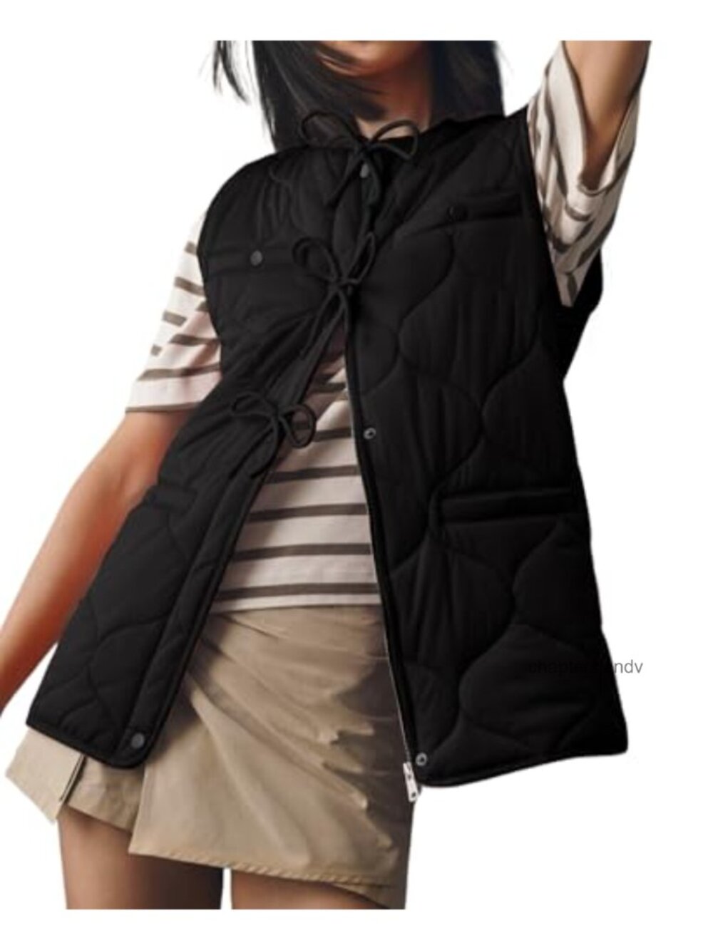 Quilted Puffer Vest Collarless Snap Bow Lightweight Padded Winter Outerwear